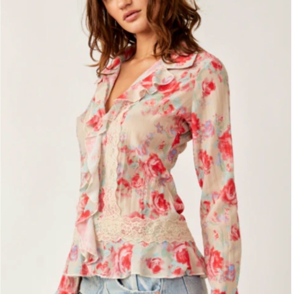 Free People Bad at Love Printed Blouse in ivory with Pink and Red Roses